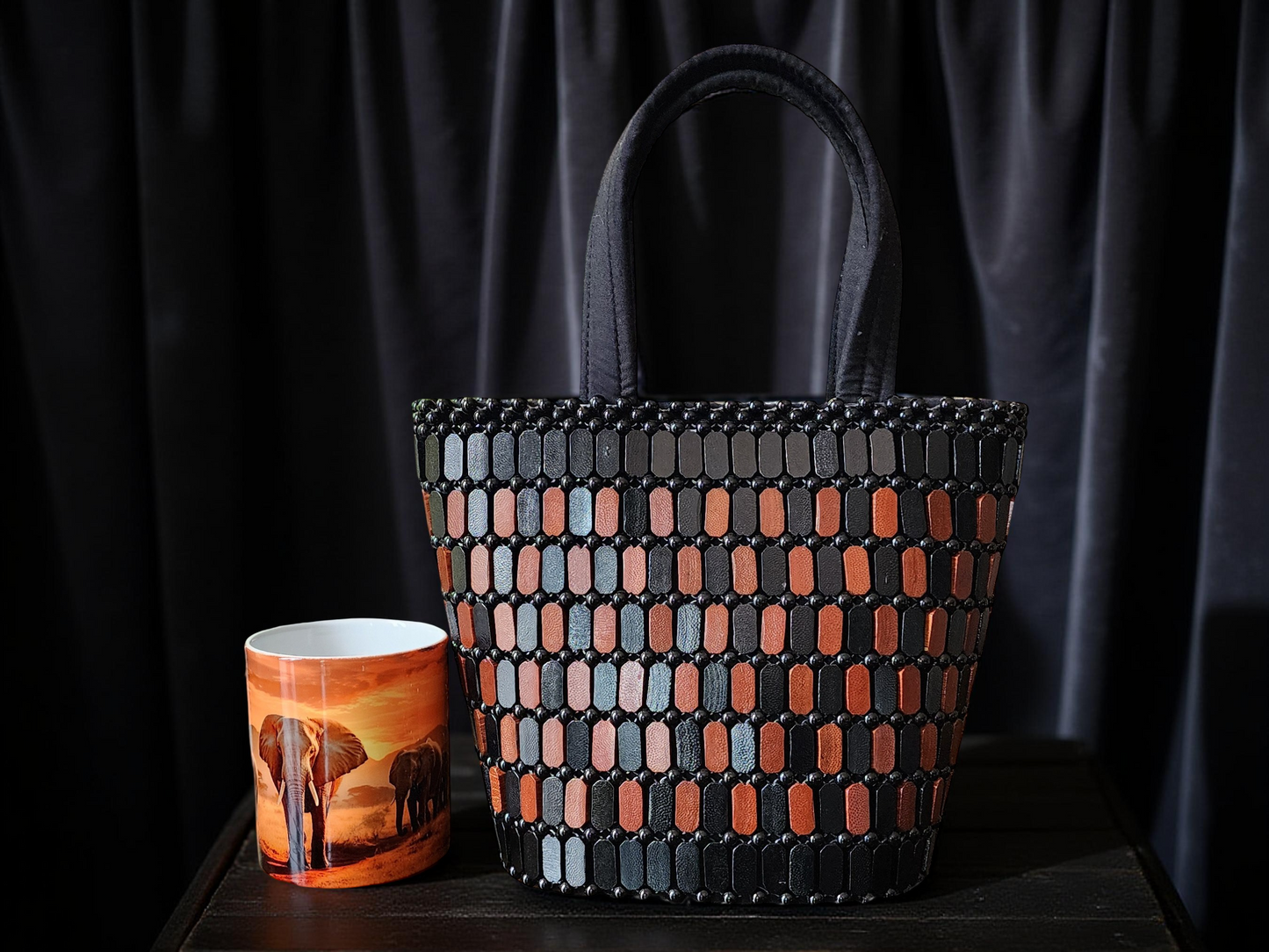 Handmade Beaded Tote Bag – Medium Black & Brown African-Inspired Shoulder Purse for Women