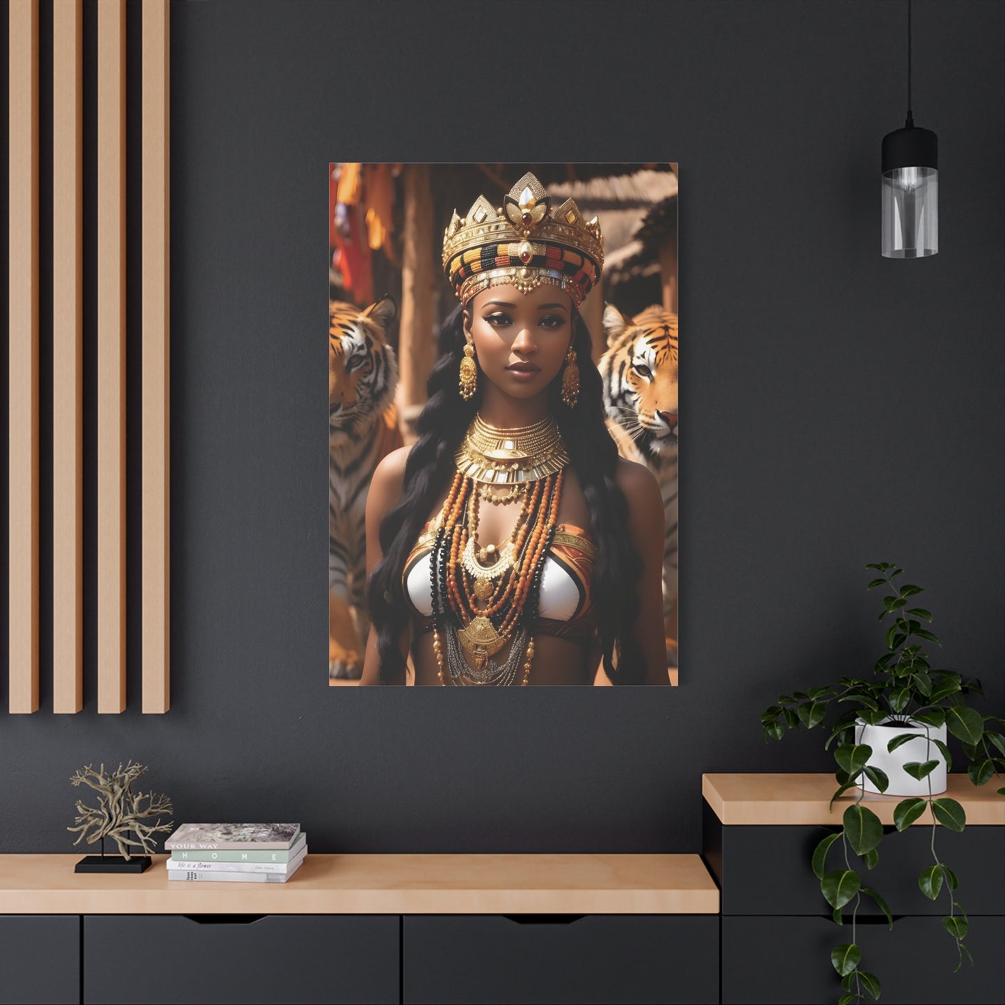 African Royal Queen with Tigers Wall Art – Tribal Crown & Golden Jewelry | Afrocentric Power Decor Bohemian Home Decor, Ethnic Artwork