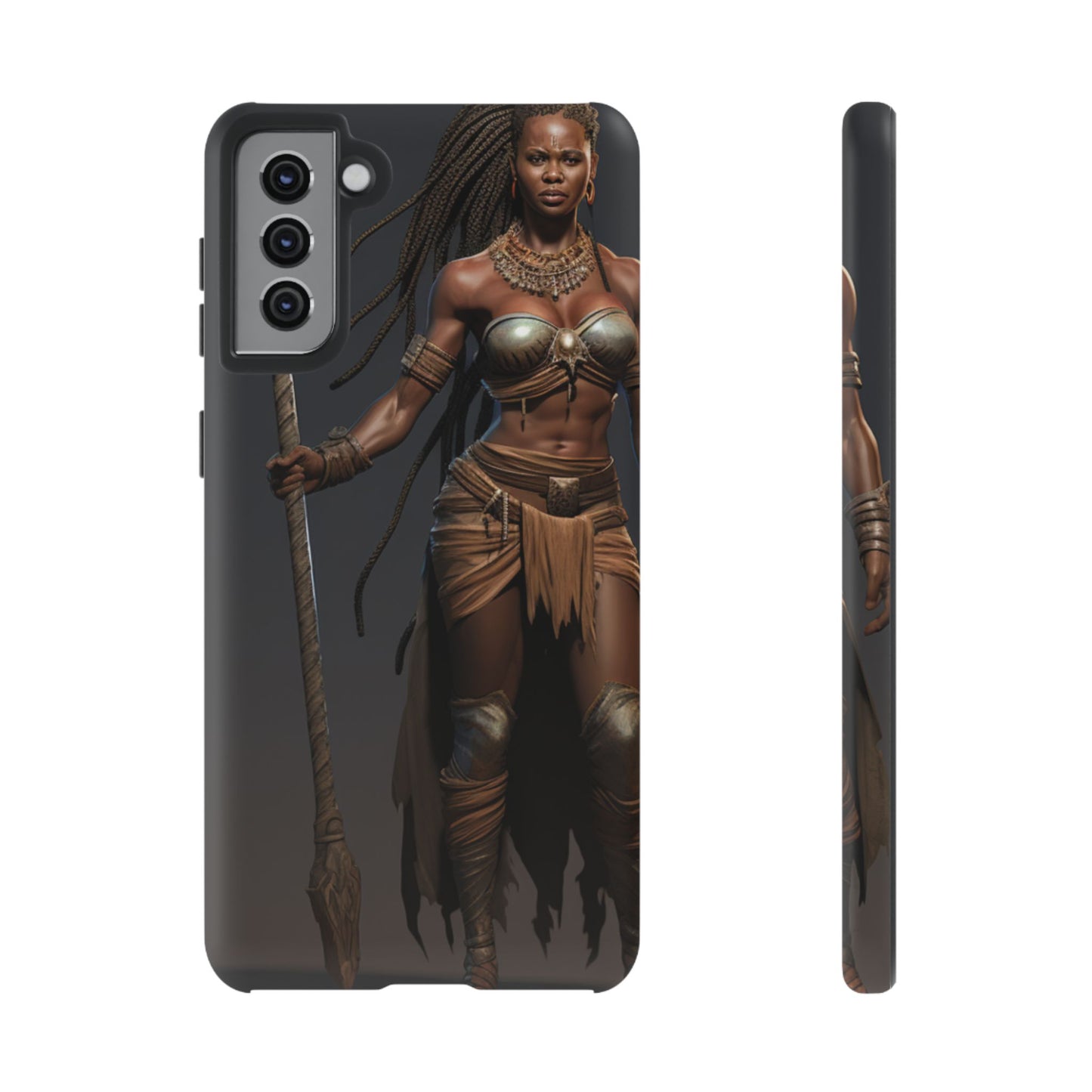 African Female Warrior Phone Case – Powerful Spear-Wielding Tribal Art Design, Bold Protective Cover