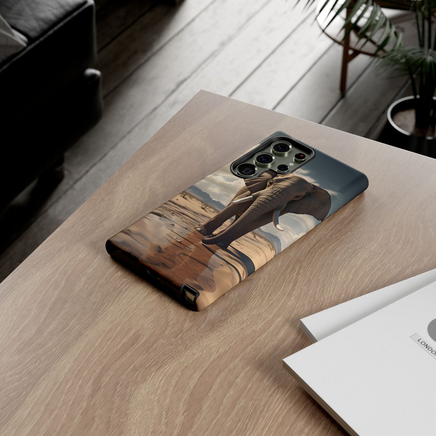 Elephant Drinking Water Phone Case - Wildlife Art in Dry Landscape Design, Nature-Inspired Protective Cover