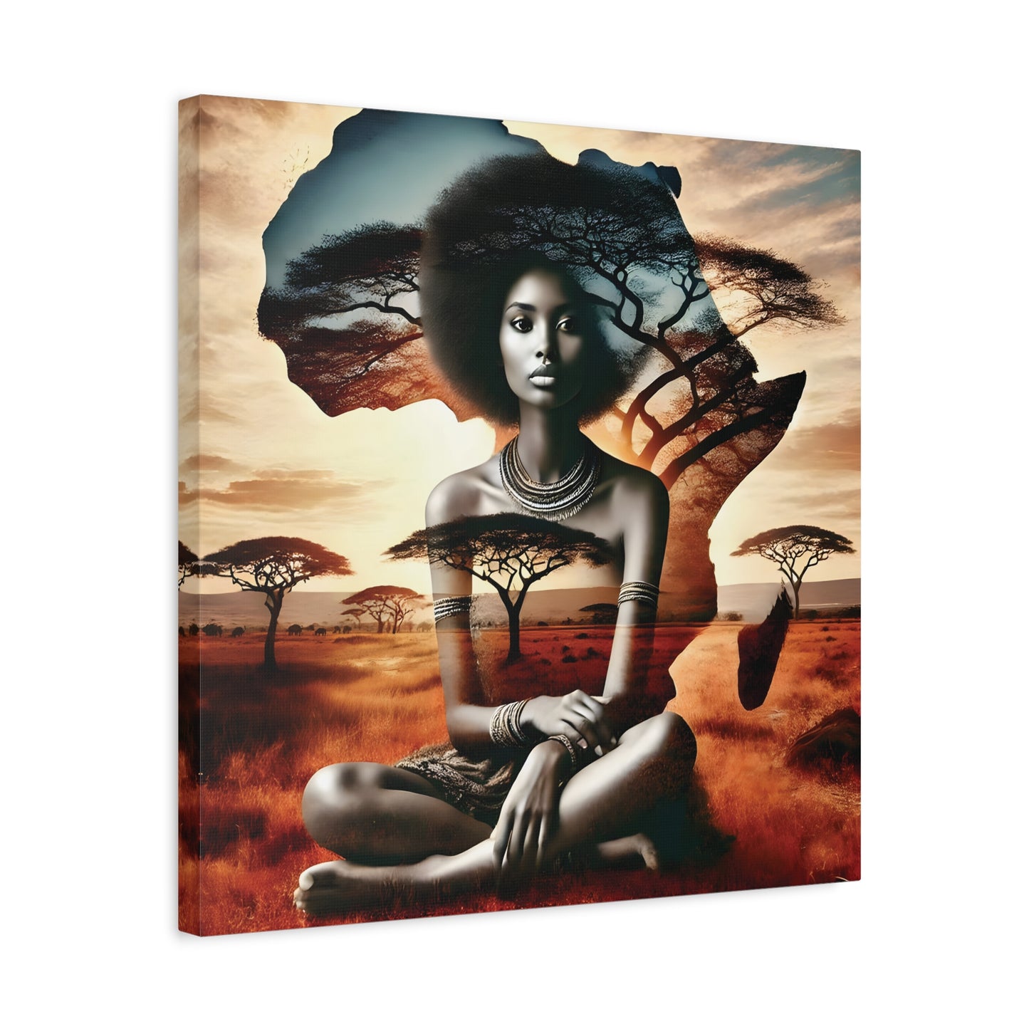 African Queen Canvas Wall Art Print – Afrocentric Woman with Africa Map and Acacia Trees, Ethnic Vibe and Culture Lovers, Living Room Art