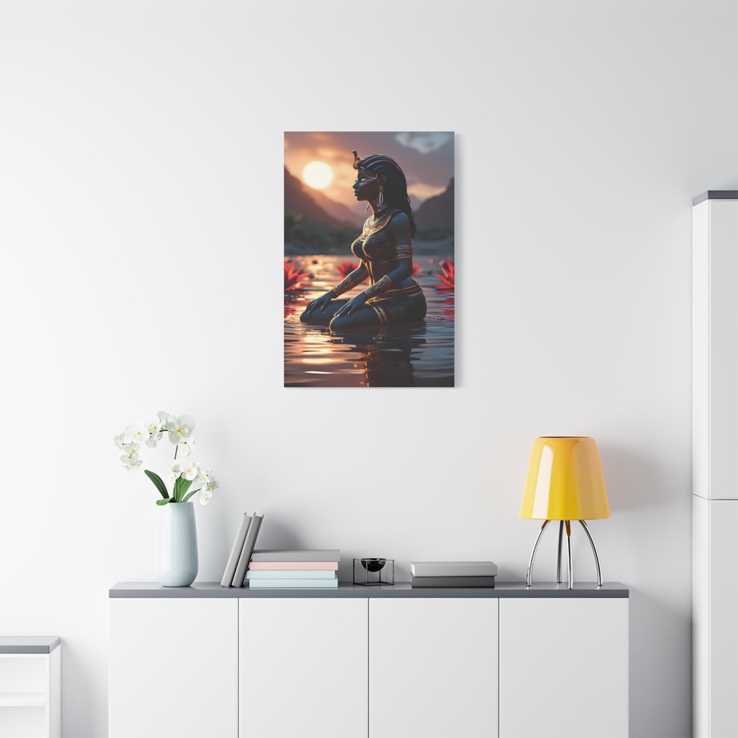 African Goddess Wall Art – Black Queen in Water at Sunset | Afrocentric Spiritual Decor, Unique Gift for Her, Yoga Studio Decor, Inspirational Decor
