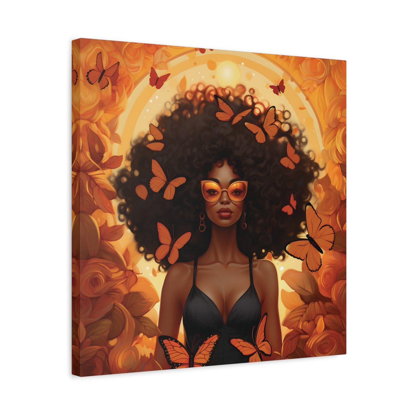 Vibrant Afro Woman Canvas Art, Boho Wall Decor, Unique Gift for Home, Butterfly and Flower Print, Black Art for All Occasions