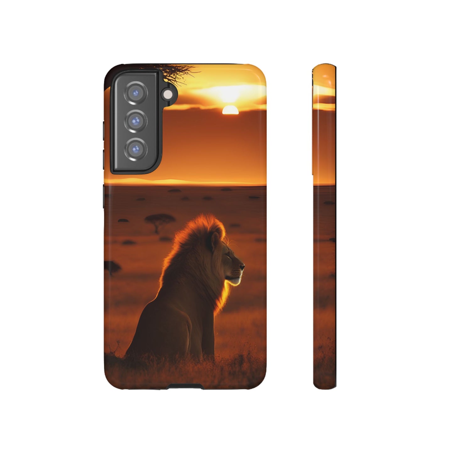 Lion Sunset Phone Case – Majestic Wildlife Art with Tree Silhouette, Safari-Inspired Protective Cover