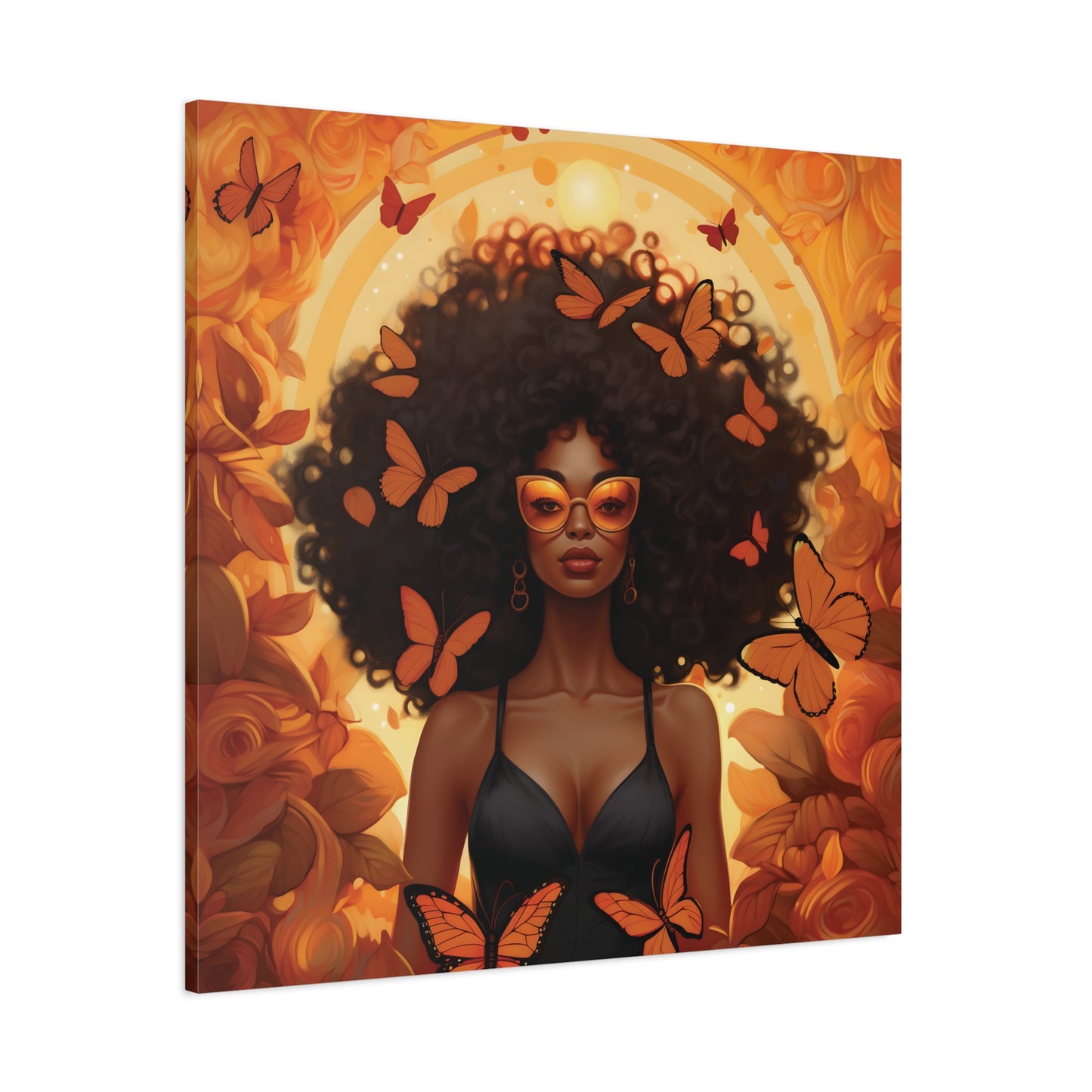 Vibrant Afro Woman Canvas Art, Boho Wall Decor, Unique Gift for Home, Butterfly and Flower Print, Black Art for All Occasions
