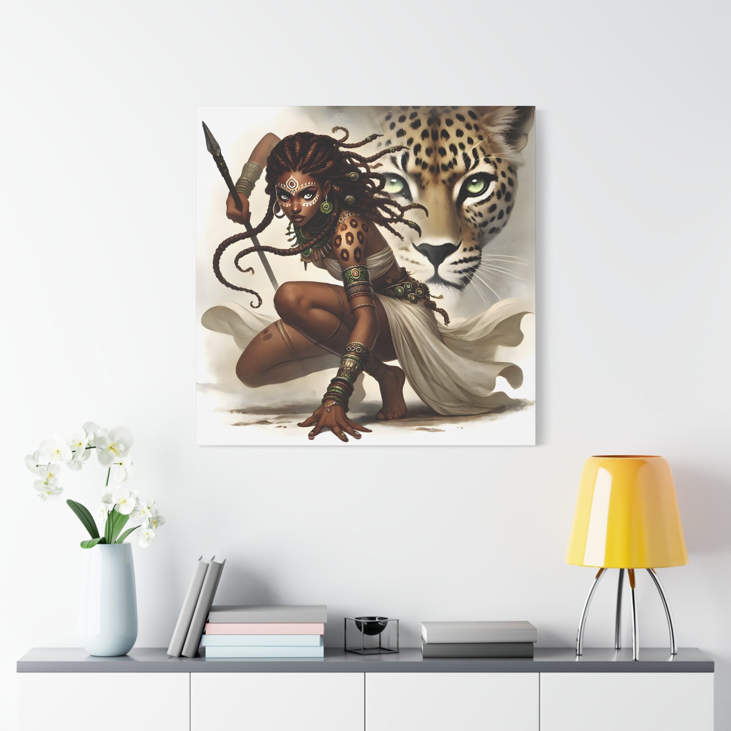 African Warrior Queen and Leopard Art – Empowering Canvas Wall Decor, Jungle Queen, Home Decor, African Art, Nature Inspired