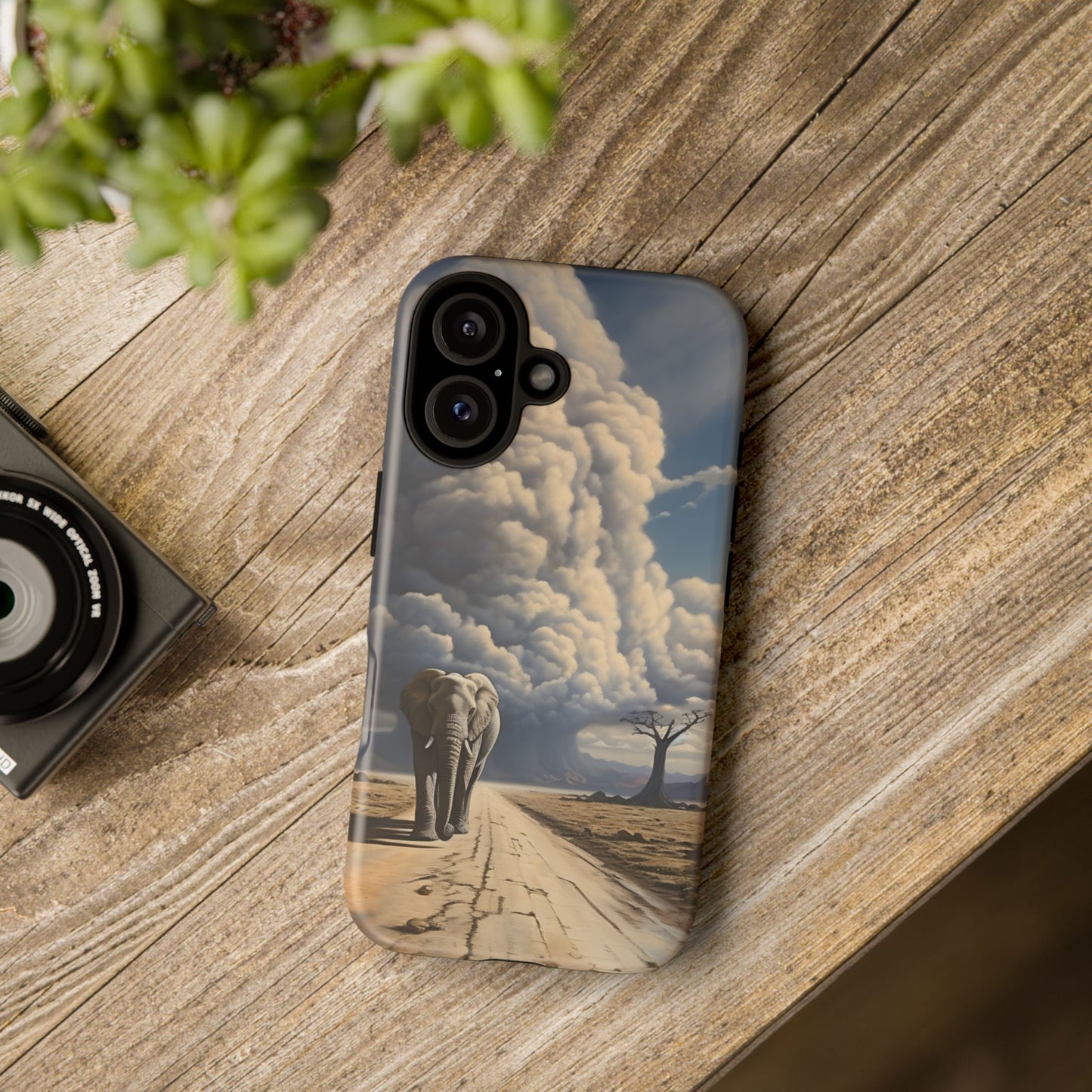 Elephant on Old Road Phone Case – Majestic Wildlife Art with Dramatic Cloud, Nature-Inspired Protective Cover