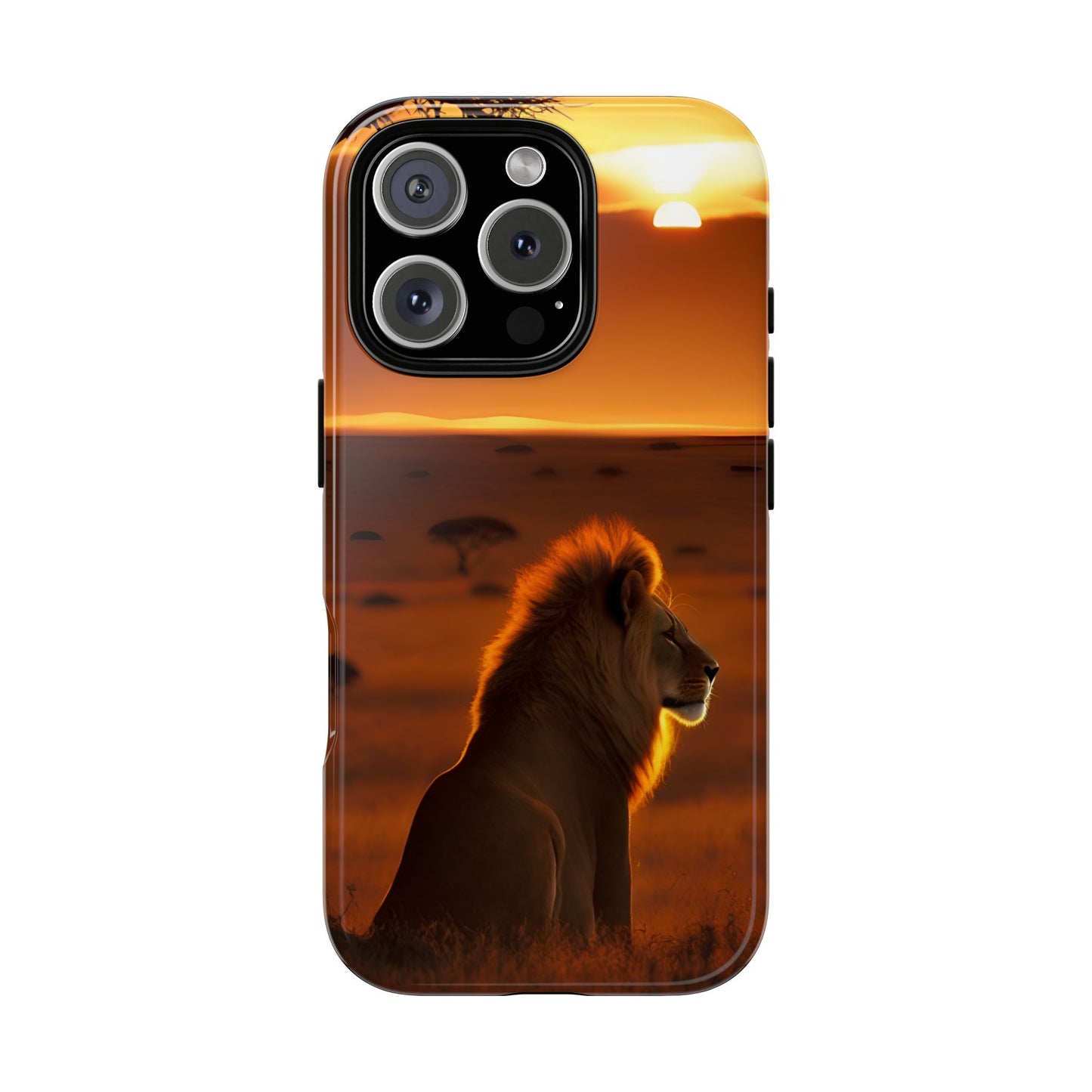 Lion Sunset Phone Case – Majestic Wildlife Art with Tree Silhouette, Safari-Inspired Protective Cover