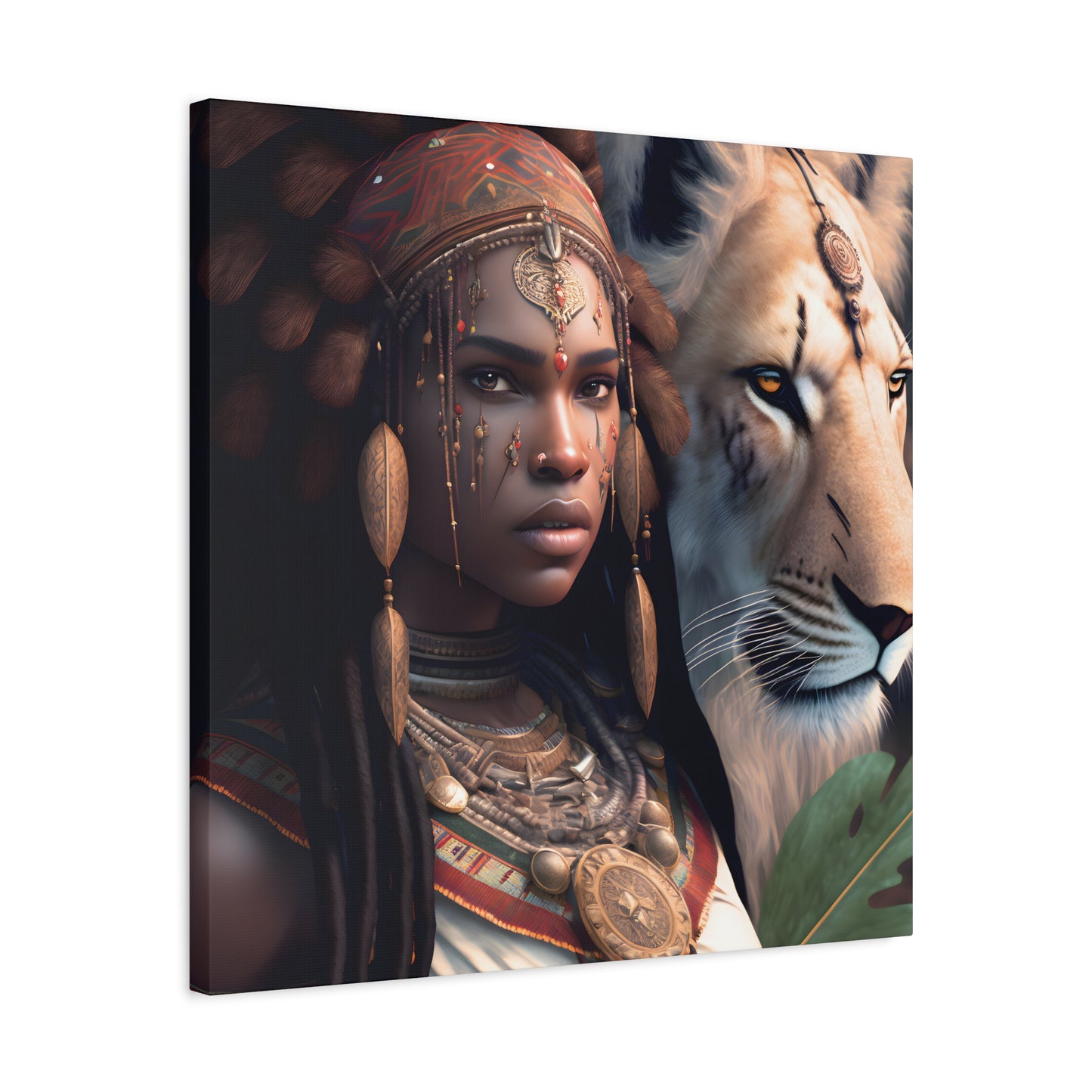 African Tribal Queen and White Lion Canvas – Regal Afrocentric Canvas Art Print, Bohemian Decor, Unique Wall Art, Tribal Home Decoration, Lion and Woman Artwork, Gift for Nature Lovers