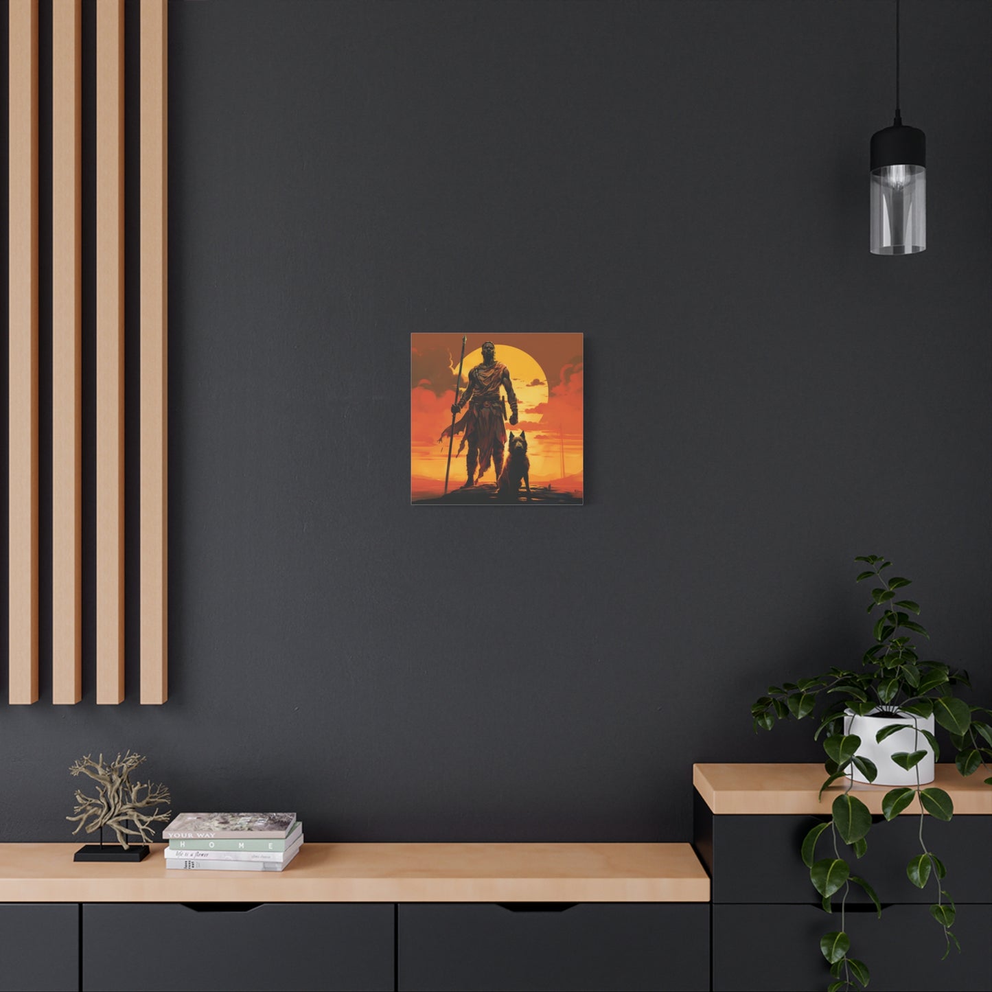 African Warrior and Guardian Dog Canvas artwork Print – Epic Sunset Wall Art for Bold Spaces, Wall Art, Home Decor, Unique Gift, Nature Inspired, Adventure Wall Hanging, Inspirational Art