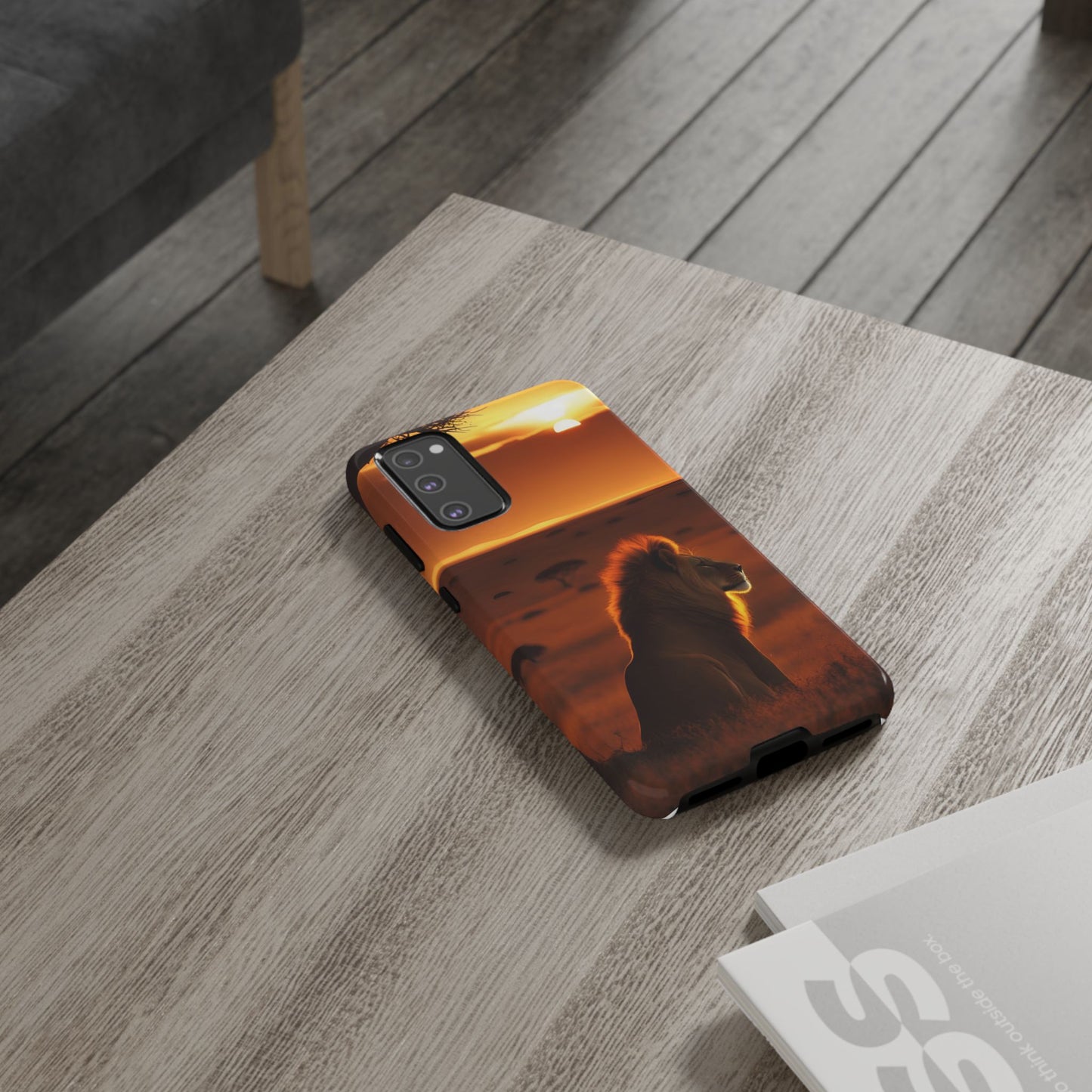 Lion Sunset Phone Case – Majestic Wildlife Art with Tree Silhouette, Safari-Inspired Protective Cover