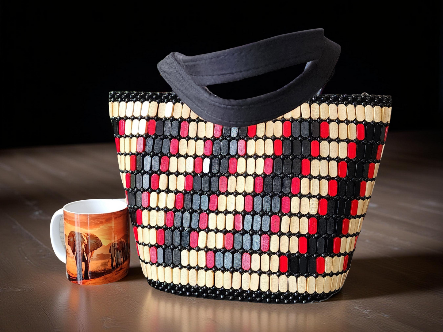 African-Inspired Tan, Red & Black Beaded Tote Bag – Handmade Woven Shoulder Bag for Women