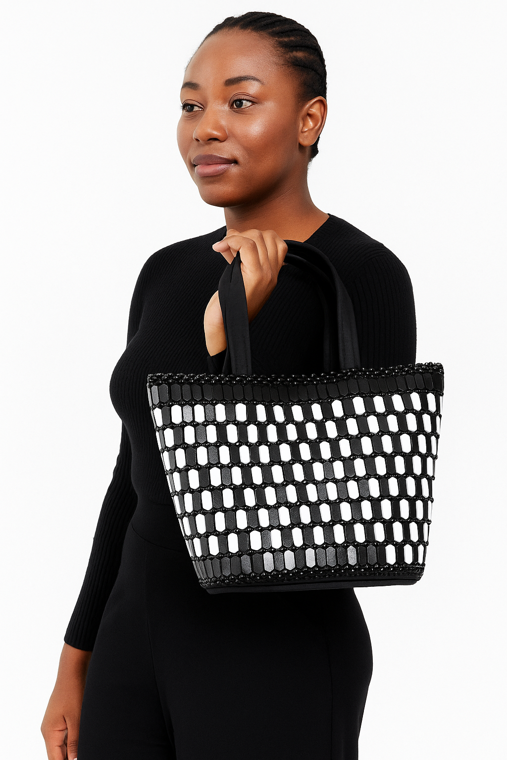 Handmade Black & White Beaded Tote Bag – African-Inspired Woven Shoulder Purse for Women