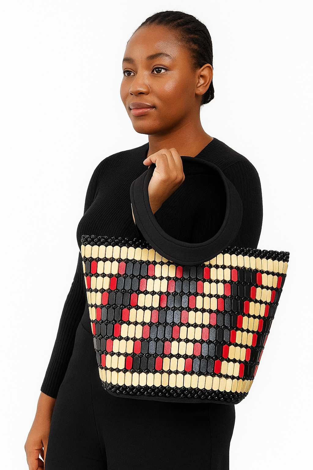 African-Inspired Tan, Red & Black Beaded Tote Bag – Handmade Woven Shoulder Bag for Women