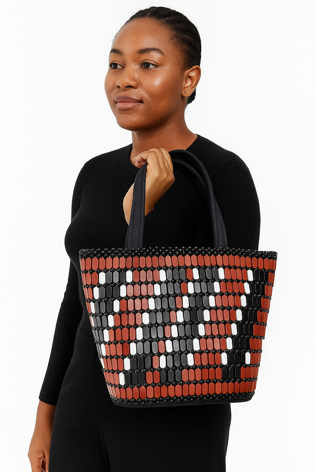 Red & Black Handmade Beaded Tote Bag – African-Inspired Shoulder Purse for Women