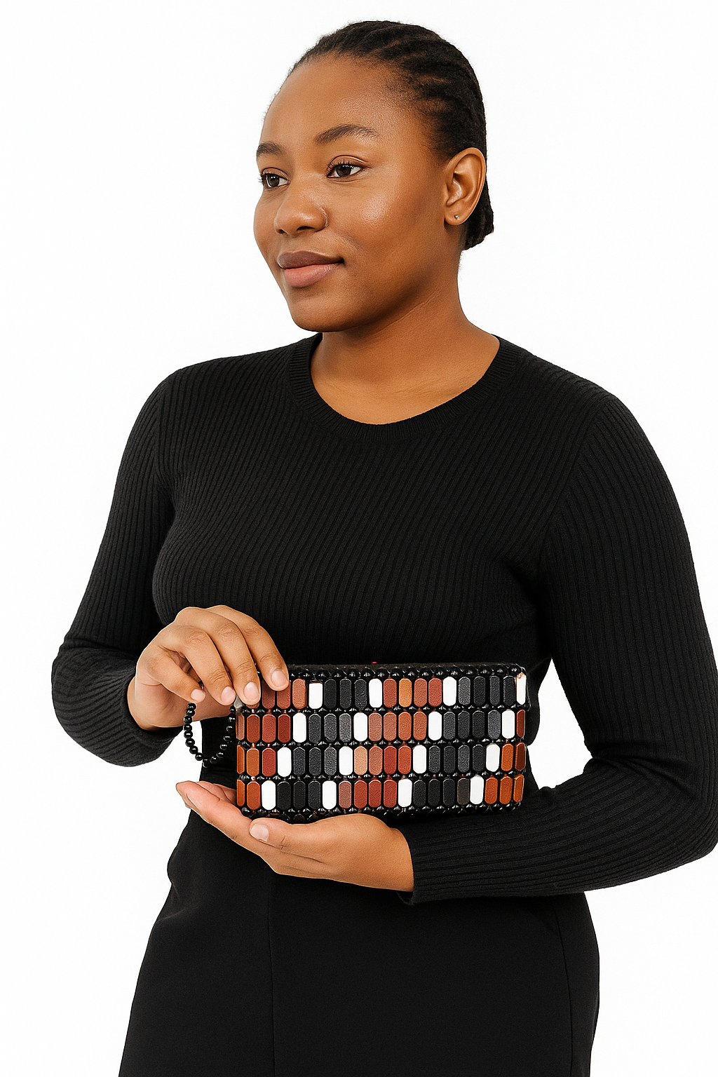 Handmade Beaded Brown black white Clutch Purse – African-Inspired Woven Evening Bag for Women – Black, Brown & White Pattern – Stylish Beadwork Accessory