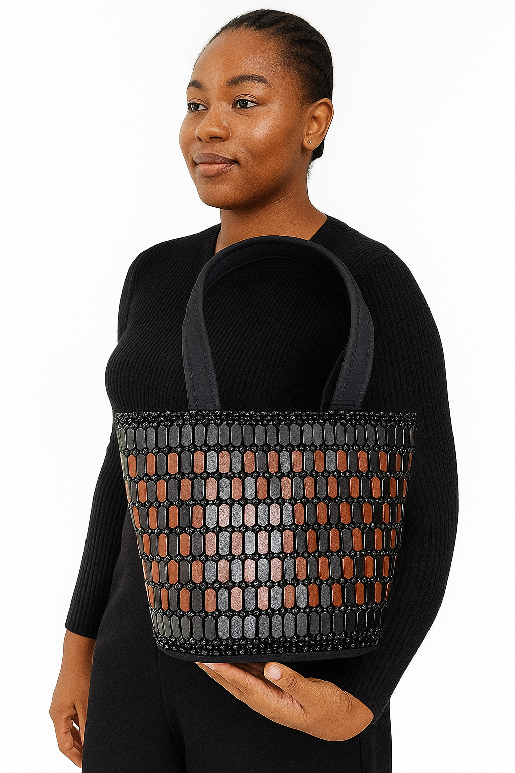 Handmade Beaded Tote Bag – Medium Black & Brown African-Inspired Shoulder Purse for Women