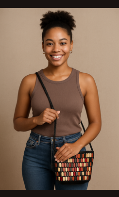 Handmade African Beaded Crossbody Bag – Small Woven Shoulder Purse for Women in Red, Tan & Black
