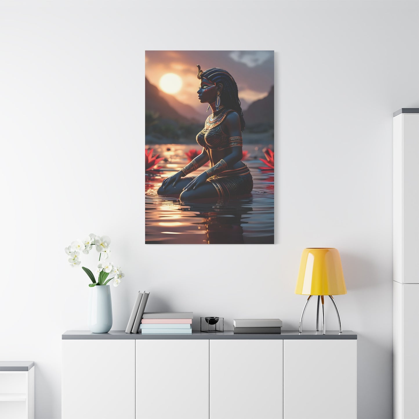 African Goddess Wall Art – Black Queen in Water at Sunset | Afrocentric Spiritual Decor, Unique Gift for Her, Yoga Studio Decor, Inspirational Decor