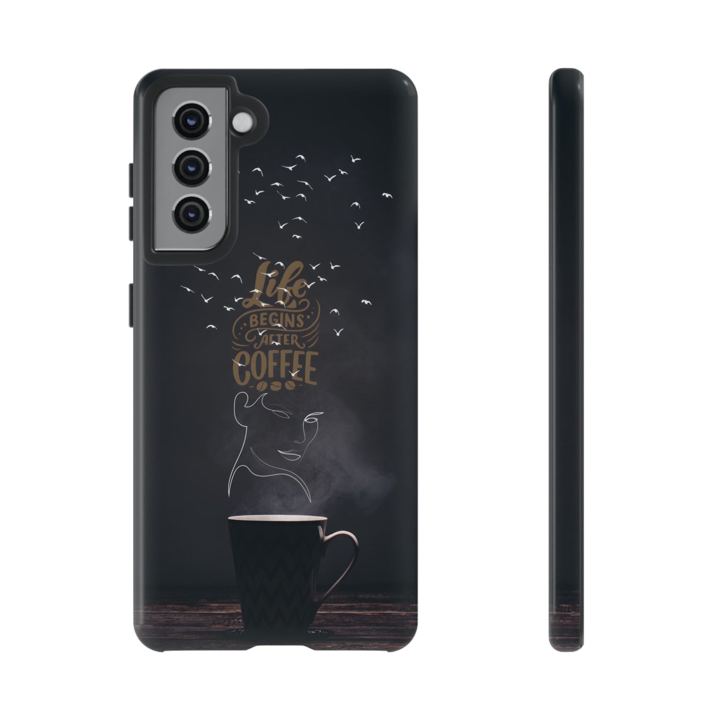 Life Begins After Coffee Phone Case – Coffee Mug Art with Woman's Face & Flying Birds, Unique Inspirational Design