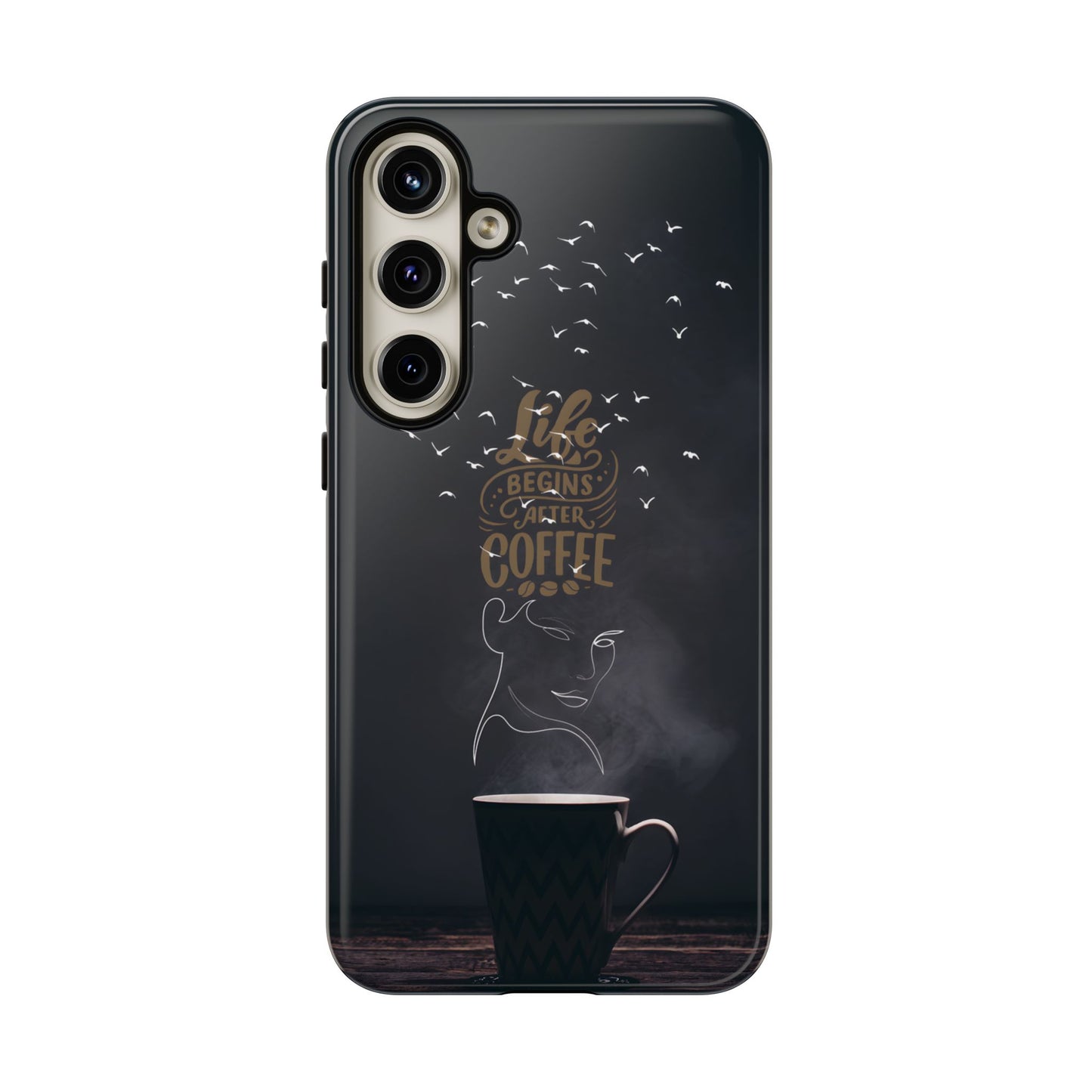 Life Begins After Coffee Phone Case – Coffee Mug Art with Woman's Face & Flying Birds, Unique Inspirational Design