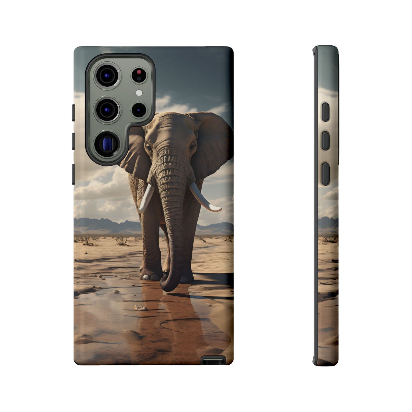 Elephant Drinking Water Phone Case - Wildlife Art in Dry Landscape Design, Nature-Inspired Protective Cover