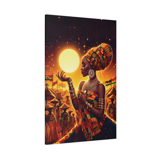 African Kente Royalty Art Print – Vibrant Sunset Village Scene, African Heritage Wall Decor, Home Decor, Cultural Art, Unique Gift, Living Room