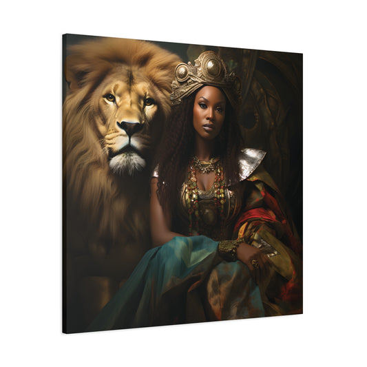 African Queen and Lion Royal Portrait – Regal Afrocentric Wall Art Print, Home Decor, Gift for Animal Lovers, Royalty Theme, Artful Decor