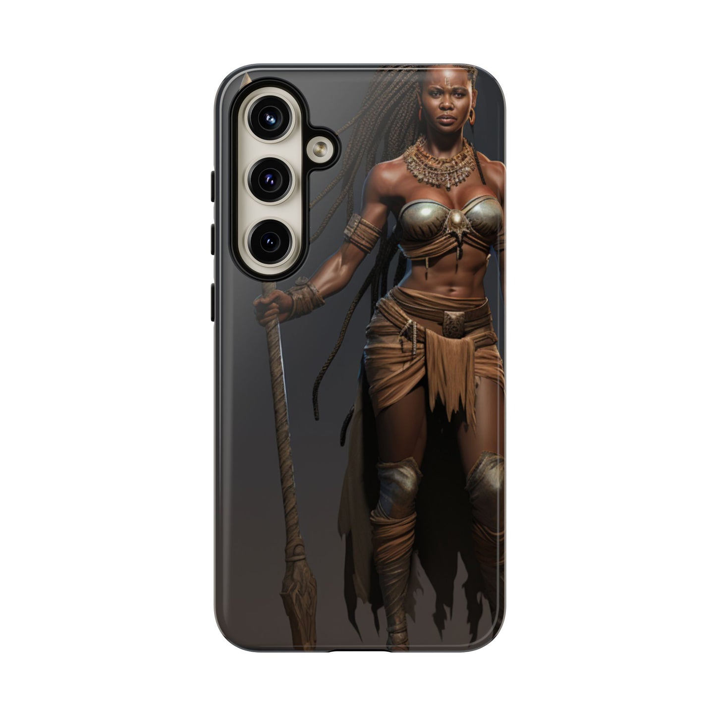 African Female Warrior Phone Case – Powerful Spear-Wielding Tribal Art Design, Bold Protective Cover