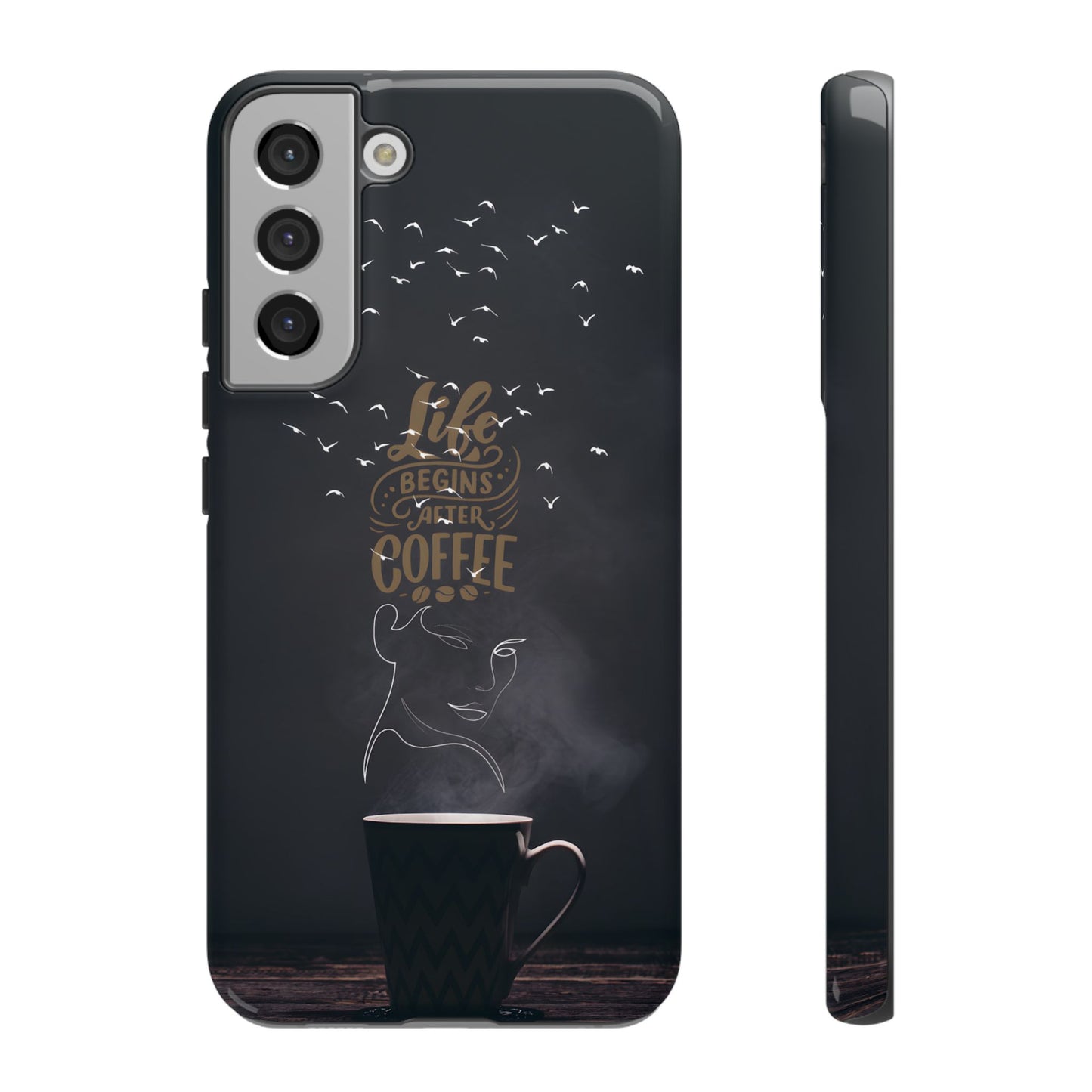 Life Begins After Coffee Phone Case – Coffee Mug Art with Woman's Face & Flying Birds, Unique Inspirational Design