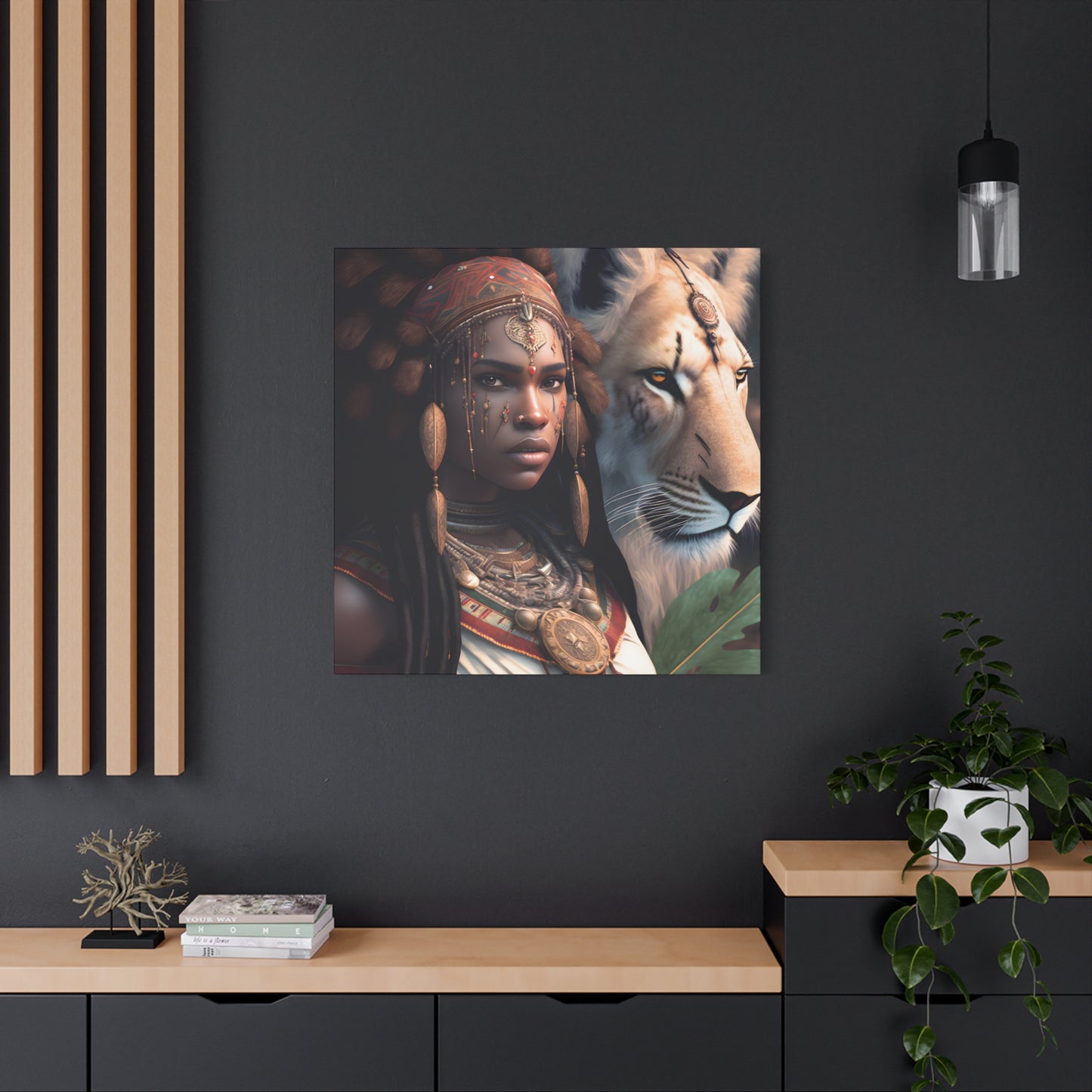 African Tribal Queen and White Lion Canvas – Regal Afrocentric Canvas Art Print, Bohemian Decor, Unique Wall Art, Tribal Home Decoration, Lion and Woman Artwork, Gift for Nature Lovers