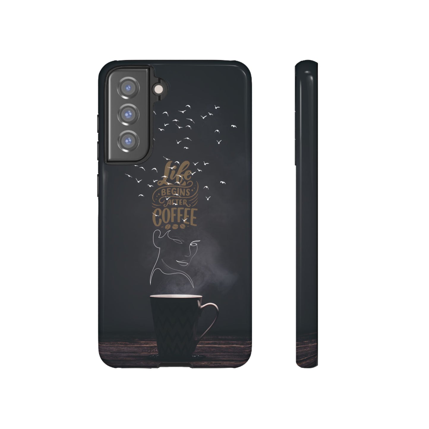 Life Begins After Coffee Phone Case – Coffee Mug Art with Woman's Face & Flying Birds, Unique Inspirational Design