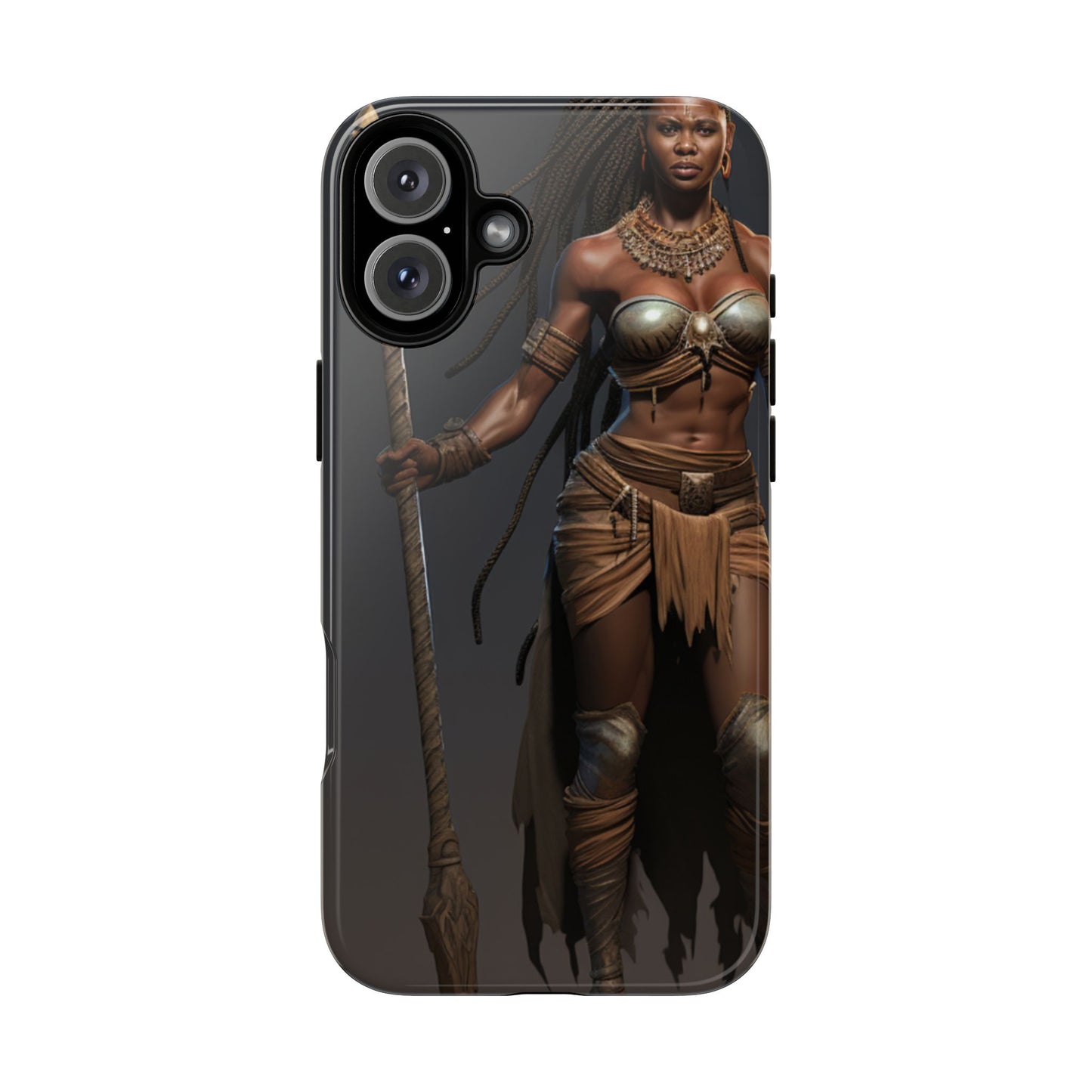 African Female Warrior Phone Case – Powerful Spear-Wielding Tribal Art Design, Bold Protective Cover