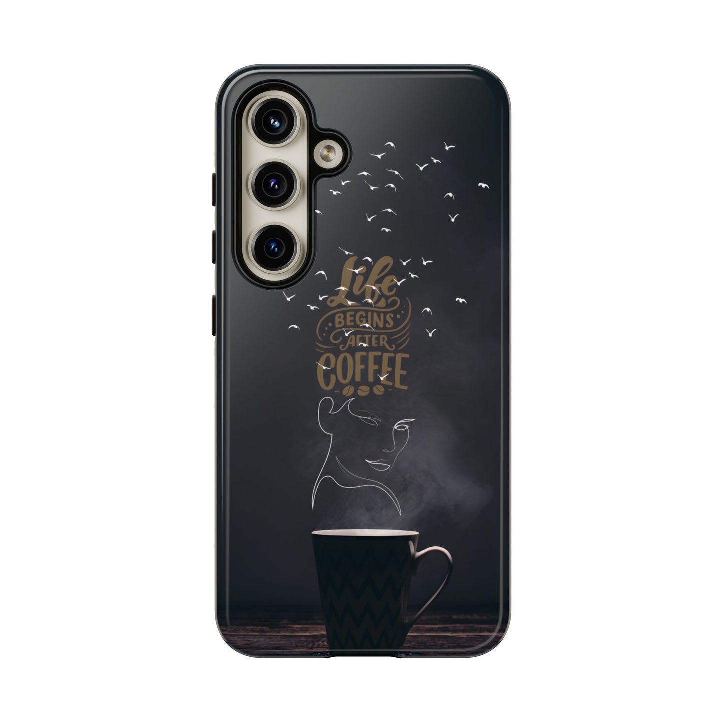 Life Begins After Coffee Phone Case – Coffee Mug Art with Woman's Face & Flying Birds, Unique Inspirational Design