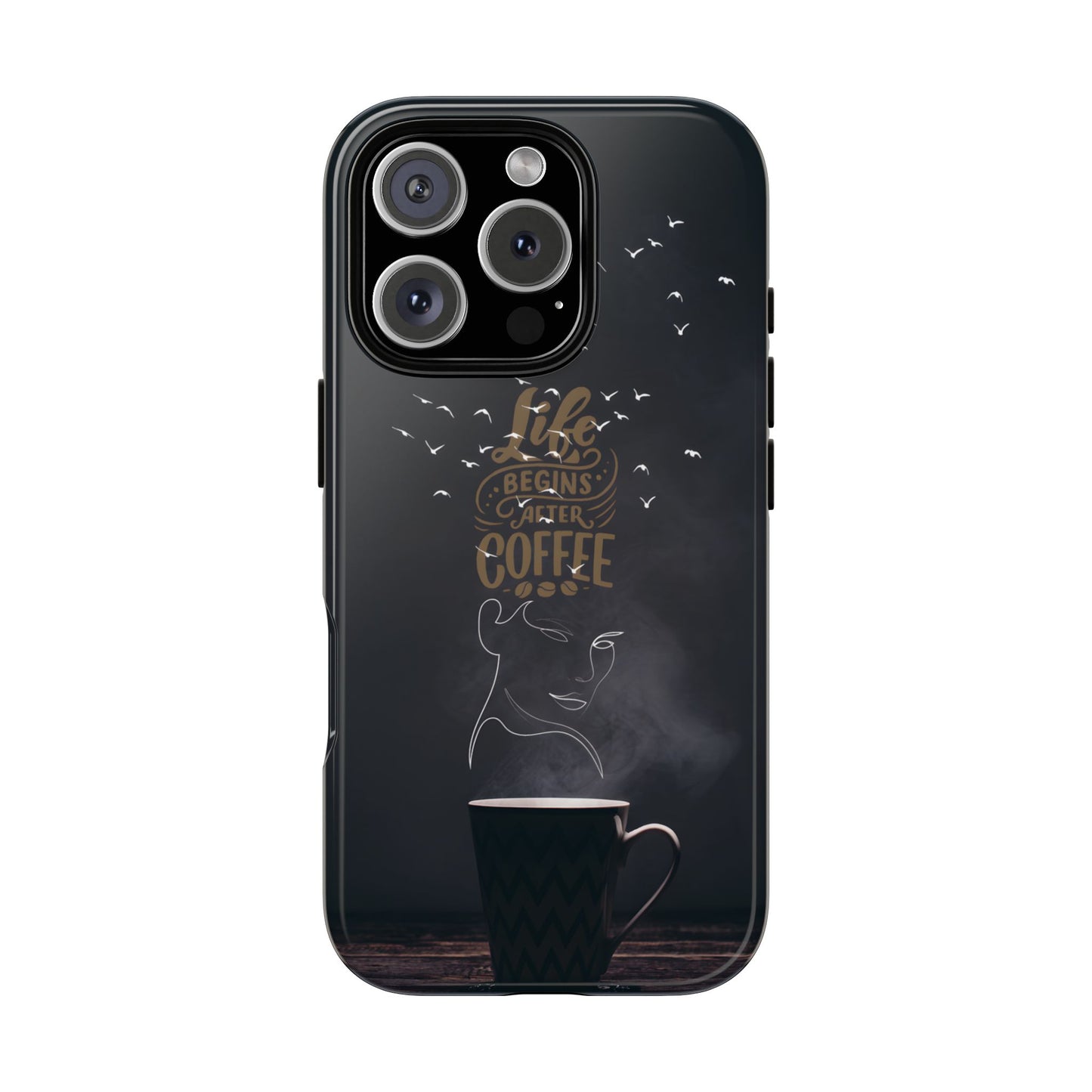 Life Begins After Coffee Phone Case – Coffee Mug Art with Woman's Face & Flying Birds, Unique Inspirational Design