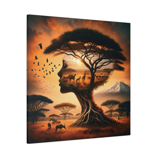 Mother Africa Silhouette Tree Art – Afrocentric Safari Wall Print with Wildlife & Mountain Scene - Dreamy Wall Decor for Nature Lovers, Wildlife Artwork,