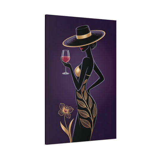 Elegant Afro Woman Canvas Wall Art – Black & Gold Fashion Lady with Wine Glass, Stylish Wall Art, Modern Home, Gift for Hostess, Fashionable Wall Decor