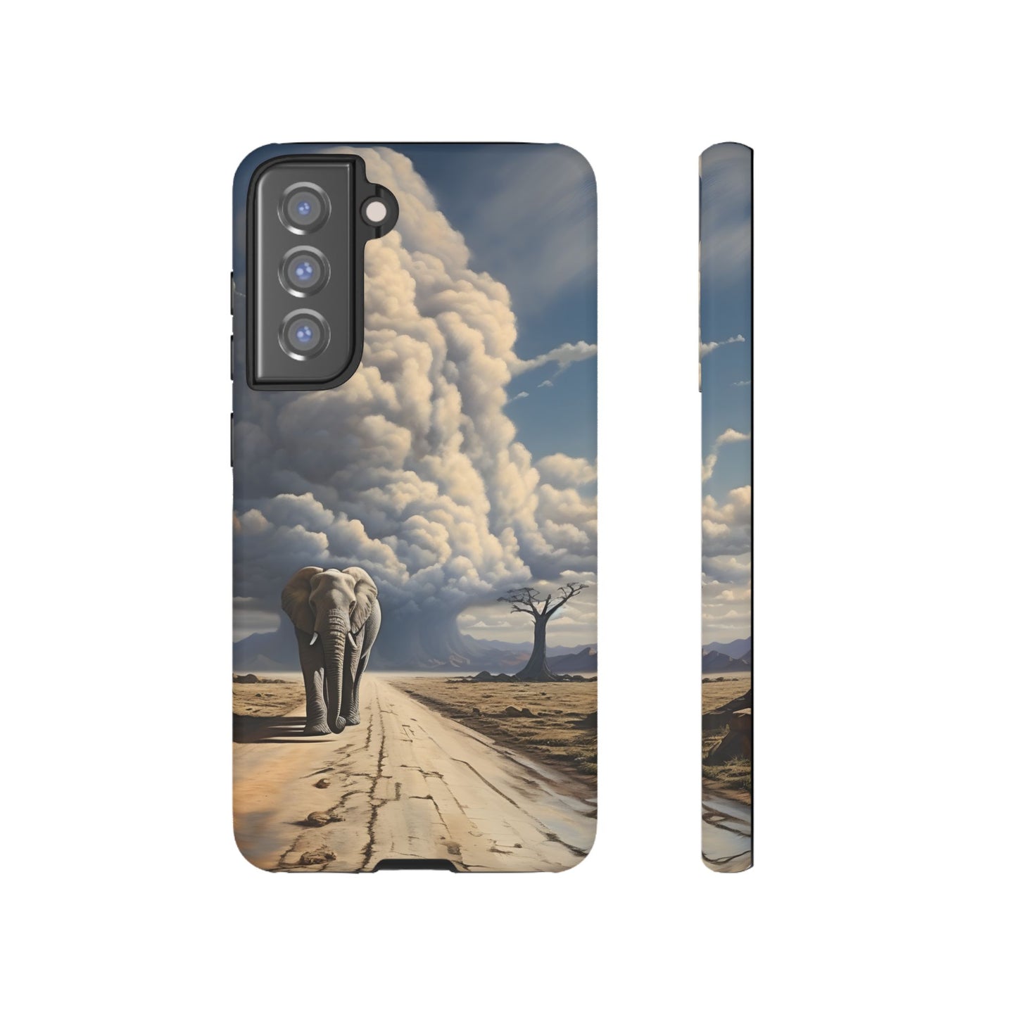 Elephant on Old Road Phone Case – Majestic Wildlife Art with Dramatic Cloud, Nature-Inspired Protective Cover