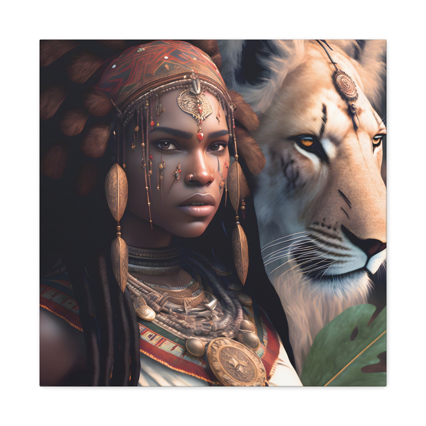 African Tribal Queen and White Lion Canvas – Regal Afrocentric Canvas Art Print, Bohemian Decor, Unique Wall Art, Tribal Home Decoration, Lion and Woman Artwork, Gift for Nature Lovers