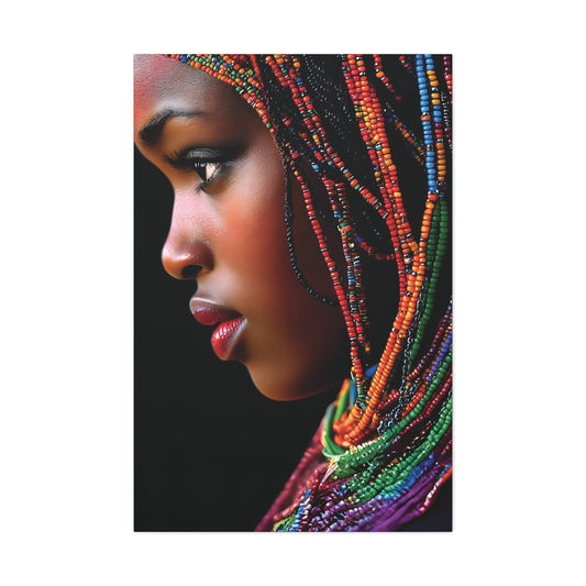 African Girl Side Profile with Rainbow Beaded Braids – Afrocentric Stretched Canvas Art Print, Colorful Portrait Wall Décor, Unique Gift, Home Aesthetic, Modern Art for Any Occasion