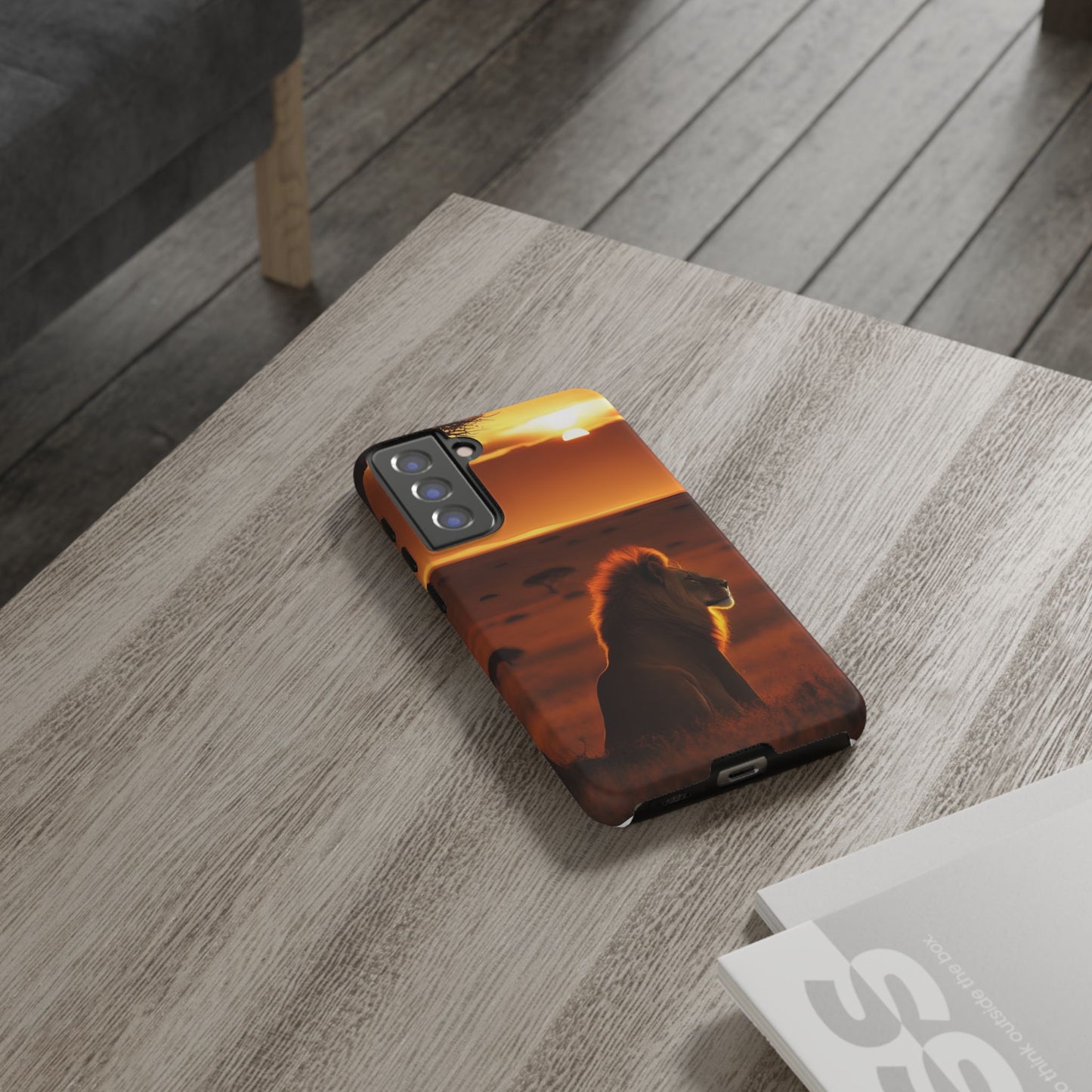 Lion Sunset Phone Case – Majestic Wildlife Art with Tree Silhouette, Safari-Inspired Protective Cover