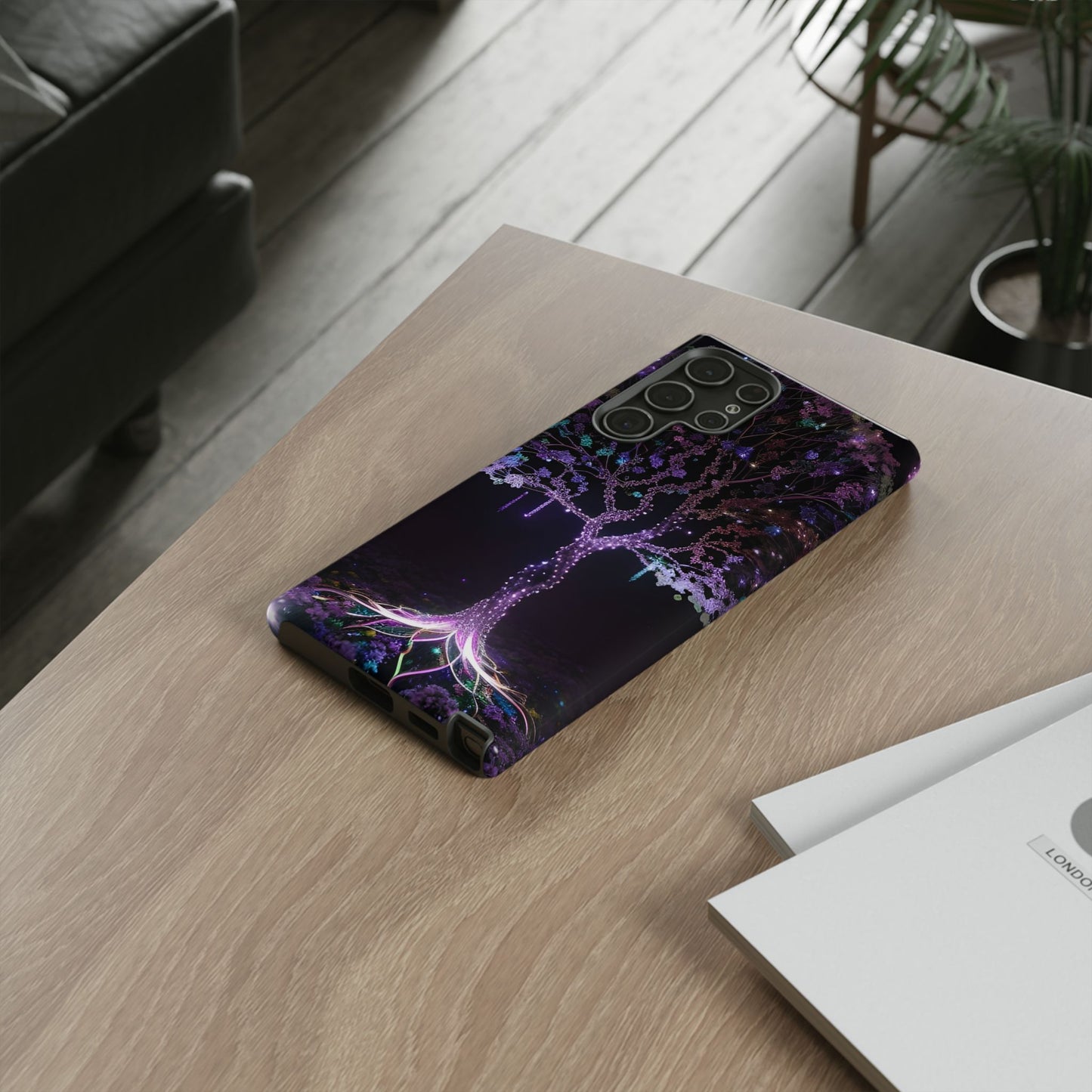 Dark Purple Tree Phone Case – Luminous Nature Art, Mystical Night Design Protective Cove