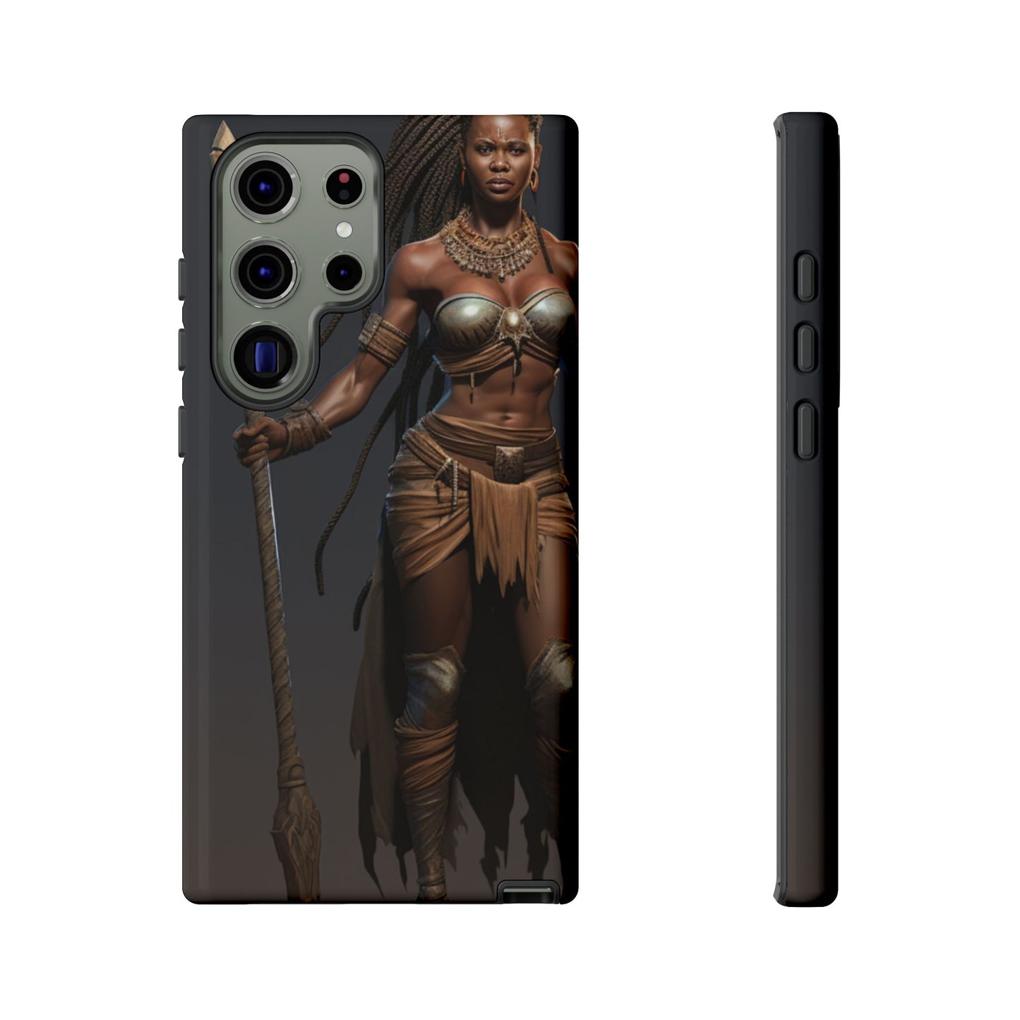 African Female Warrior Phone Case – Powerful Spear-Wielding Tribal Art Design, Bold Protective Cover