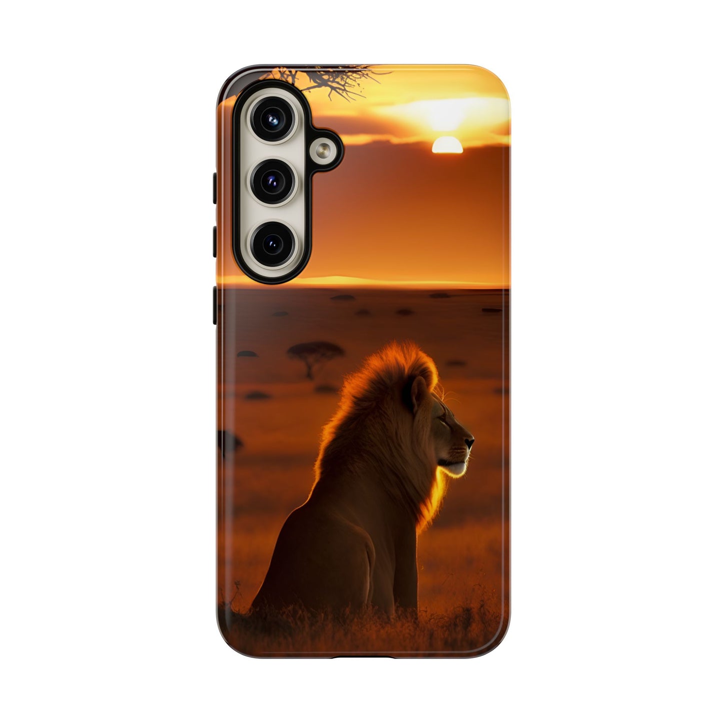 Lion Sunset Phone Case – Majestic Wildlife Art with Tree Silhouette, Safari-Inspired Protective Cover