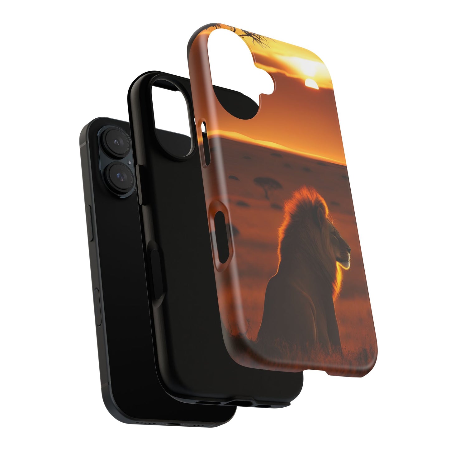 Lion Sunset Phone Case – Majestic Wildlife Art with Tree Silhouette, Safari-Inspired Protective Cover