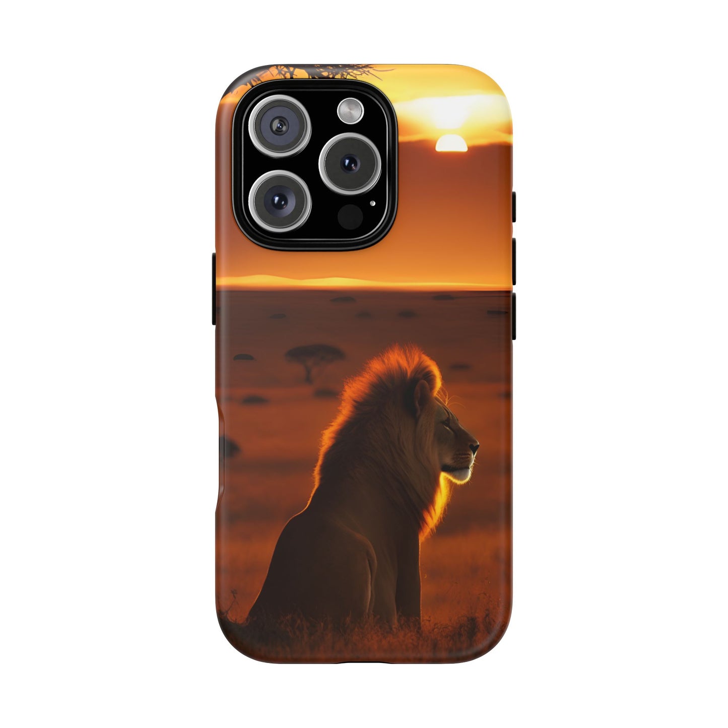 Lion Sunset Phone Case – Majestic Wildlife Art with Tree Silhouette, Safari-Inspired Protective Cover