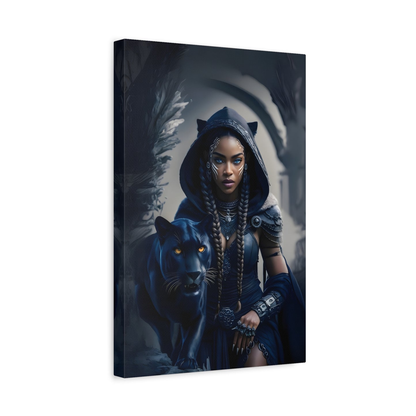 Fantasy Canvas Wall Art - Warrior with Panther, Home Decor, Black Art Print, Gift for Her, Boho Wall Hanging, Magical Room Decor, Afro