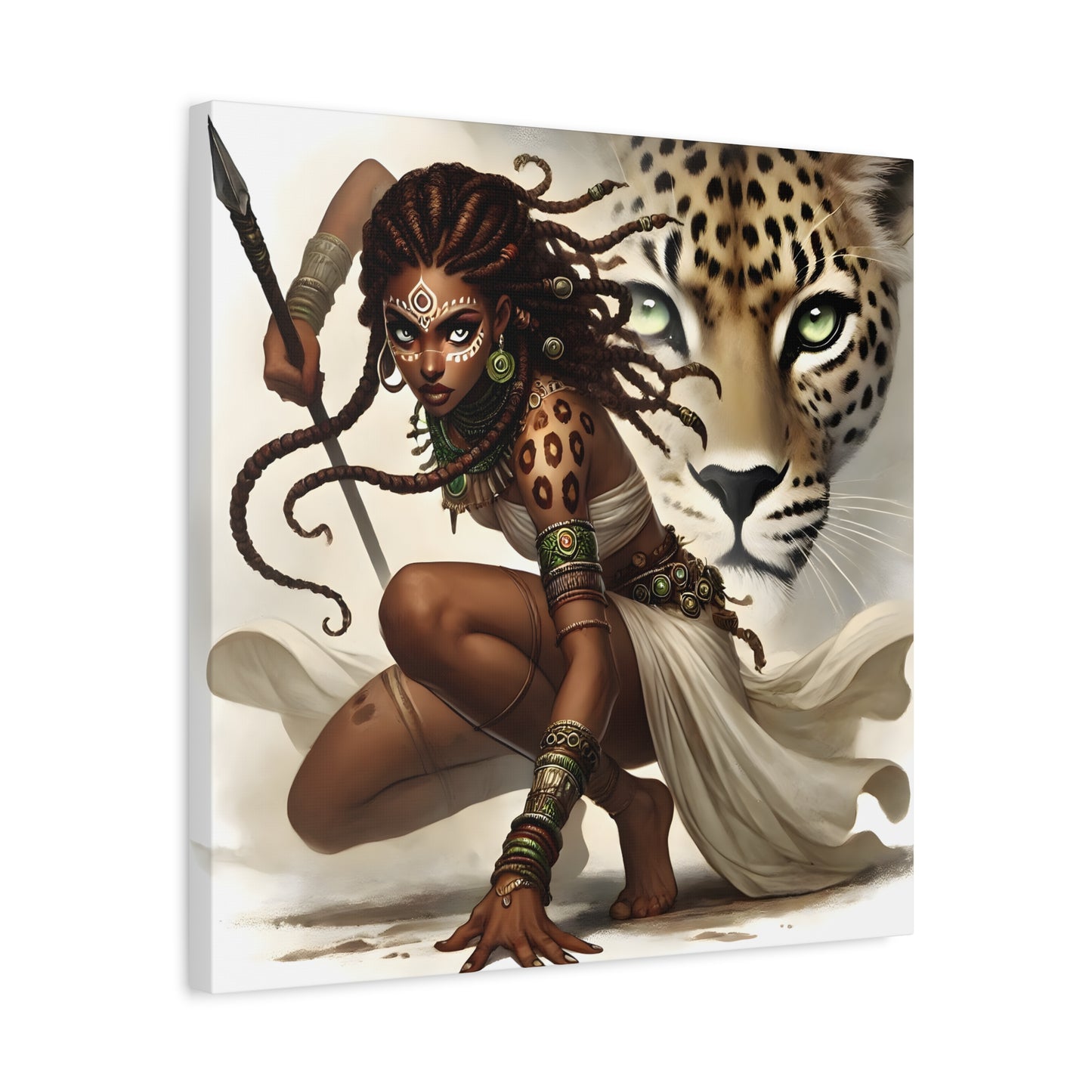 African Warrior Queen and Leopard Art – Empowering Canvas Wall Decor, Jungle Queen, Home Decor, African Art, Nature Inspired