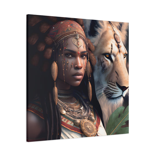 African Tribal Queen and White Lion Canvas – Regal Afrocentric Canvas Art Print, Bohemian Decor, Unique Wall Art, Tribal Home Decoration, Lion and Woman Artwork, Gift for Nature Lovers