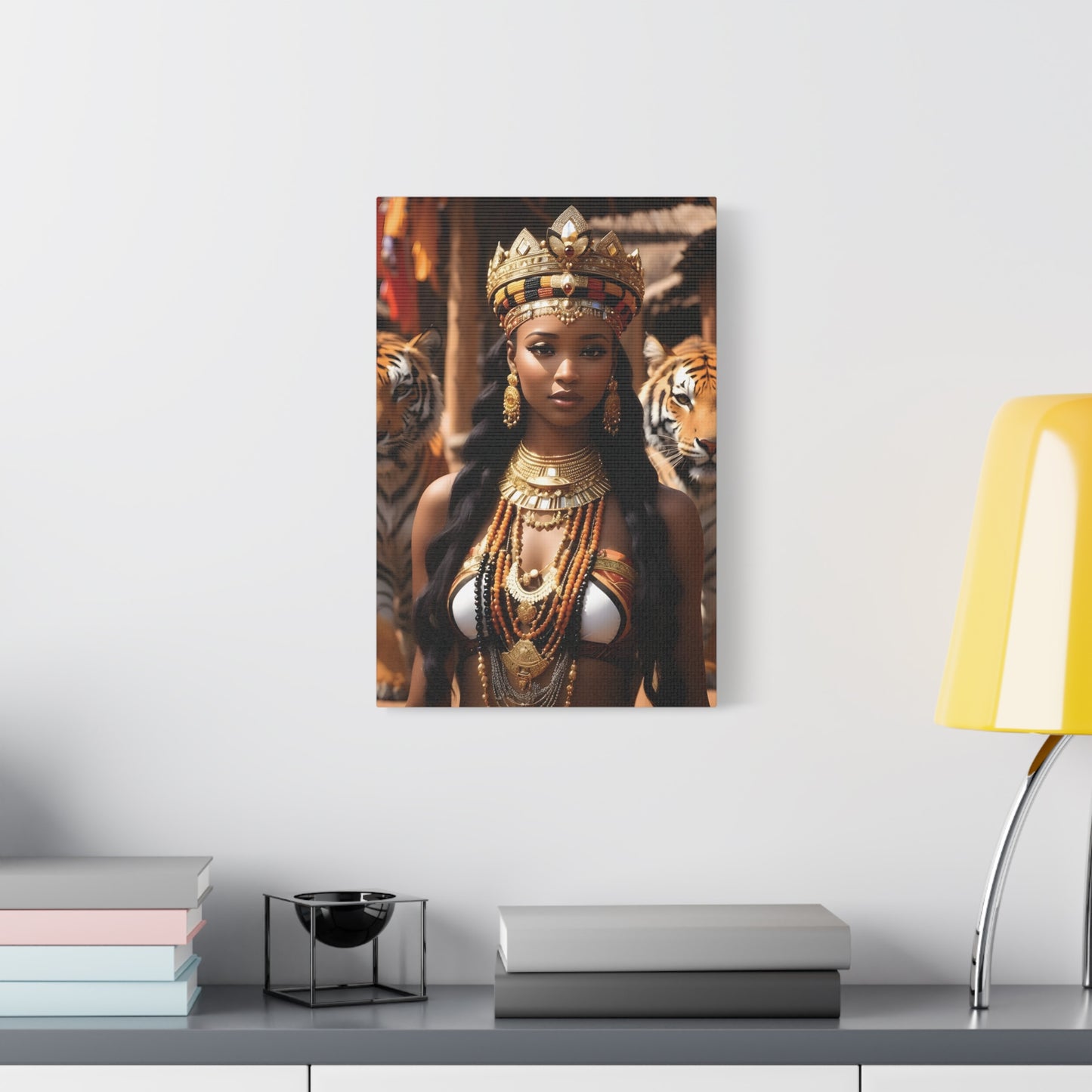 African Royal Queen with Tigers Wall Art – Tribal Crown & Golden Jewelry | Afrocentric Power Decor Bohemian Home Decor, Ethnic Artwork